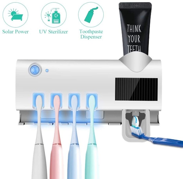 Dozator pentru pasta de dinti cu alimentare solara si sterilizator UV pentru periute