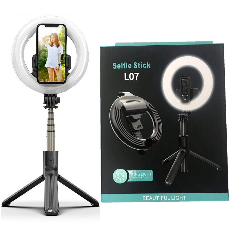 Inel trepied Selfie Stick Bluetooth L07, portabil, LED 5 inch, 90 cm