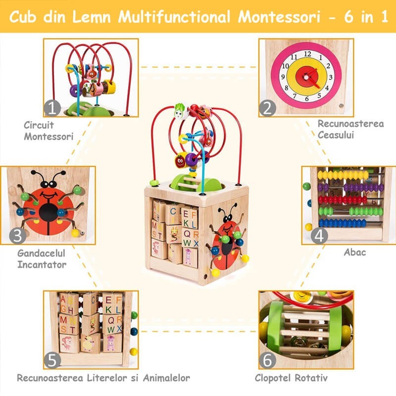 Cub din lemn masiv, Montessori, 6 in 1 - Buburuza