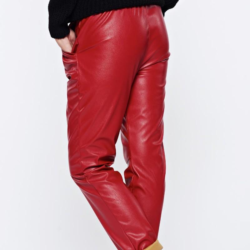 Pantaloni casual din piele ecologica cu elastic in talie, Rosu