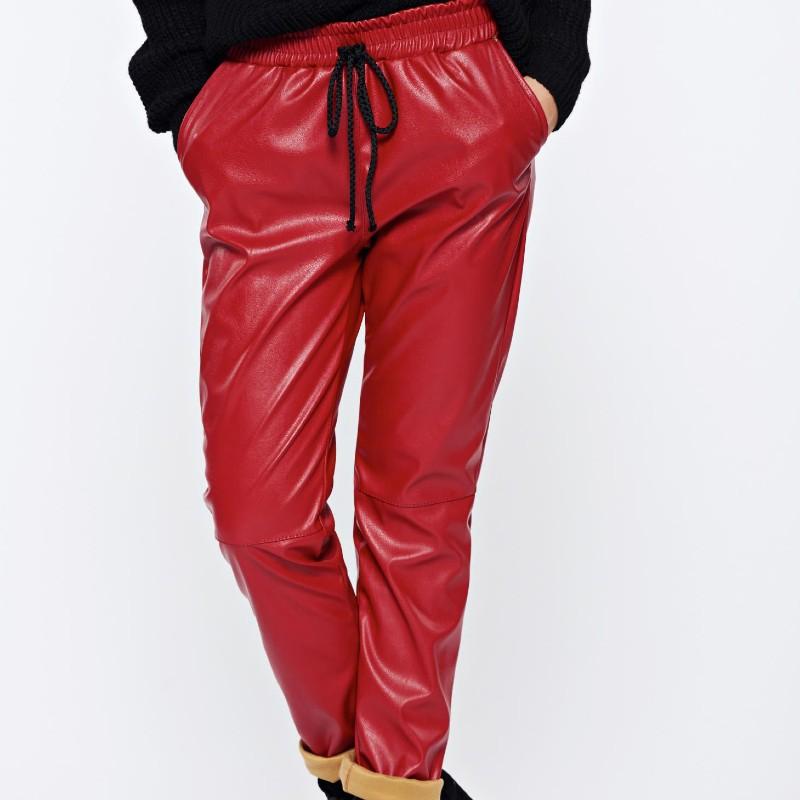 Pantaloni casual din piele ecologica cu elastic in talie, Rosu
