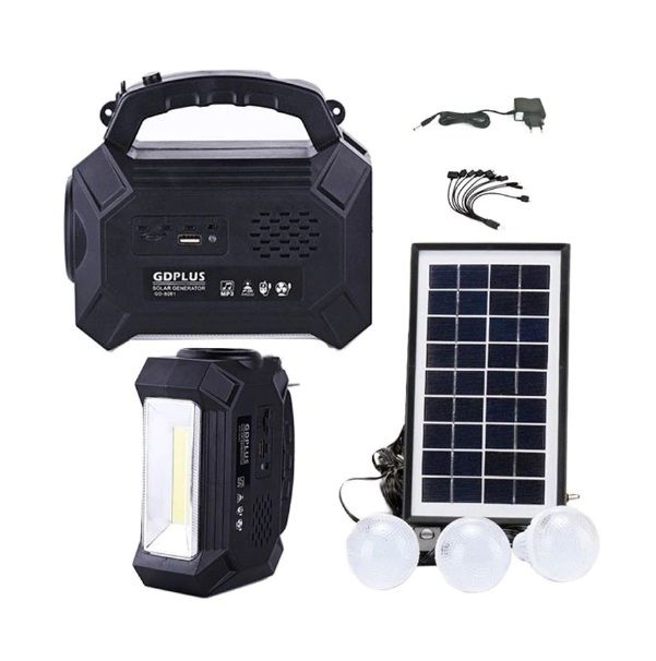 Kit solar GD8161 cu lanterna LED, radio FM, 3 becuri, panou si USB