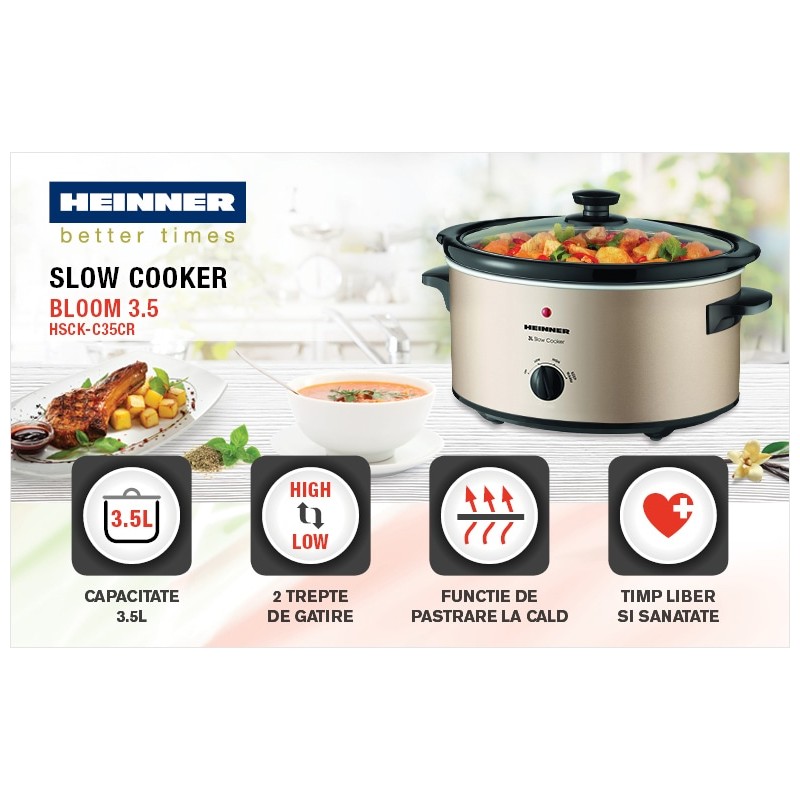 Slow Cooker Heinner HSCK-C35CR, 3.5 L, 135 W, 2 setari temperatura, Auriu