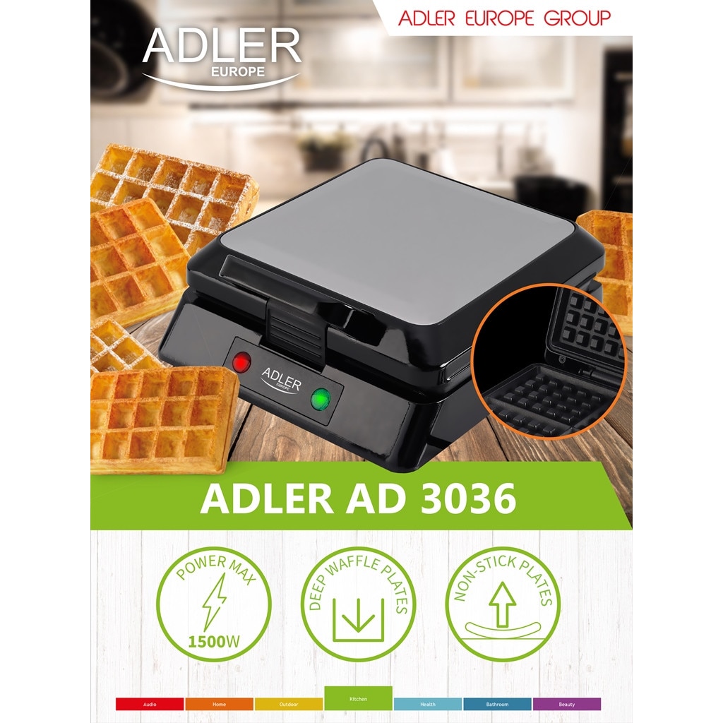 Aparat de preparat waffle / vafe ADLER AD 3036, 1500 W, inox