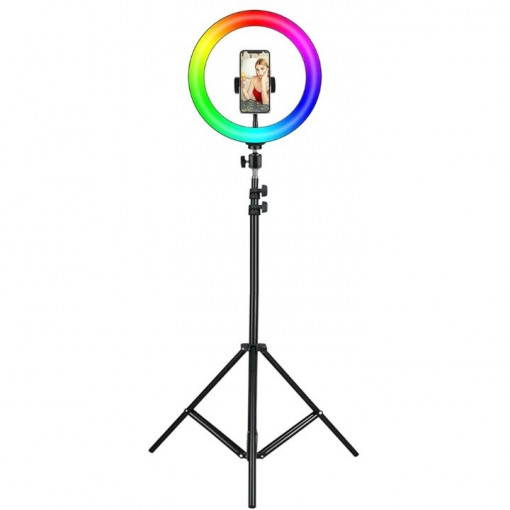 Lampa circulara Color 30 cm, Ring Light LED RGB, Trepied 210 cm