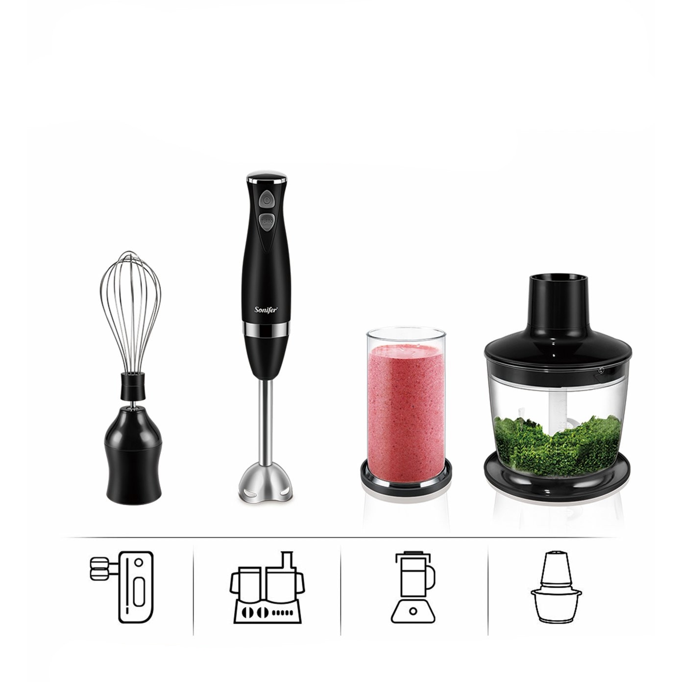 Set Blender 3 in 1, 500 W, Mixer vertical, functie Turbo, Alb