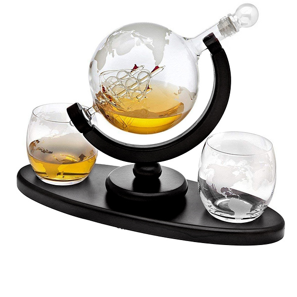 Decantor Globe cu 2 pahare, Suport din lemn