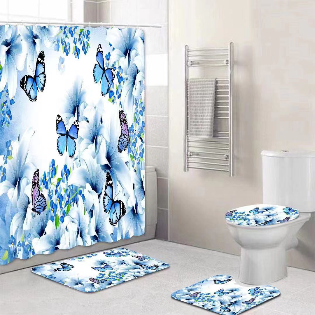 Set baie 4 piese: perdea, covorase si husa de toaleta, Blue Butterflies