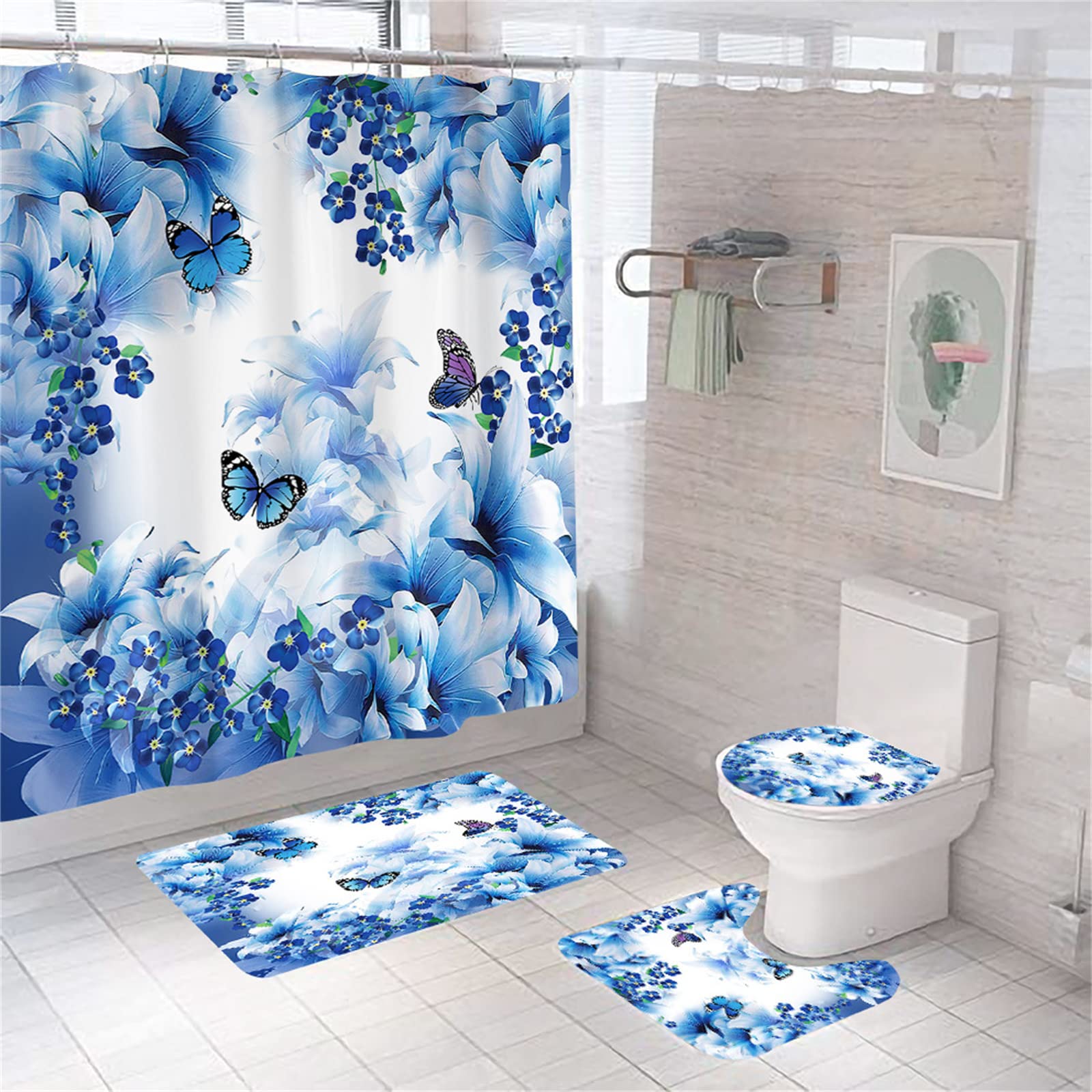 Set baie 4 piese: perdea, covorase si husa de toaleta, Blue Butterflies