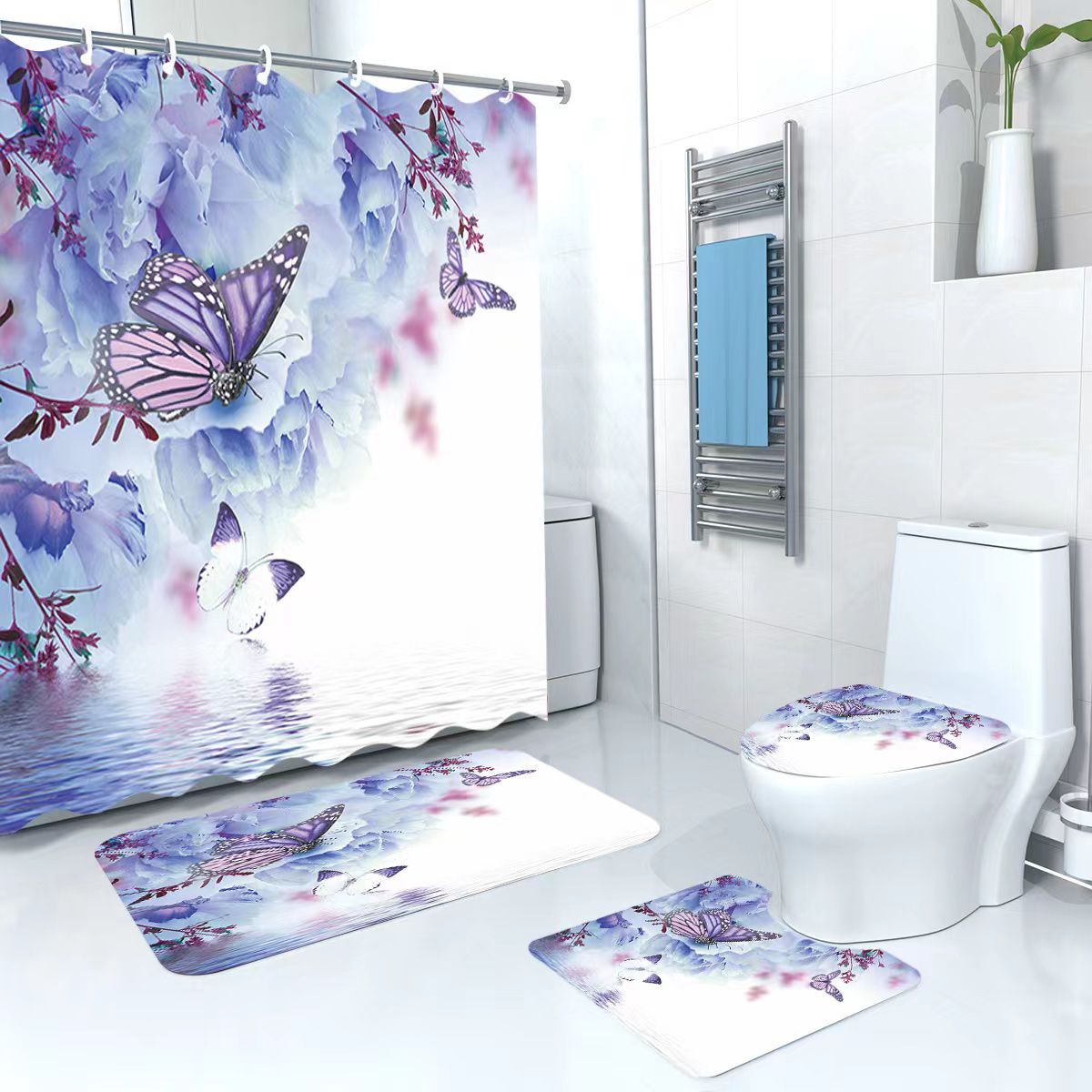 Set baie 4 piese: perdea, covorase si husa de toaleta, Purple Butterfly