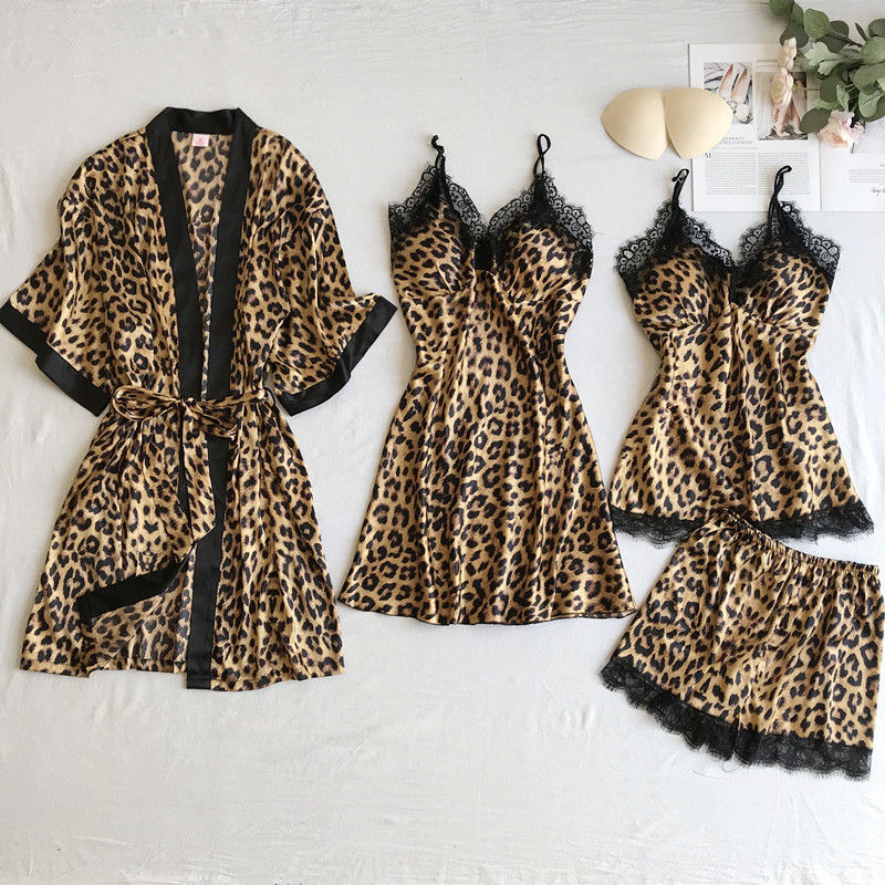 Set 4 piese, Pijama satin Dama, Leopard