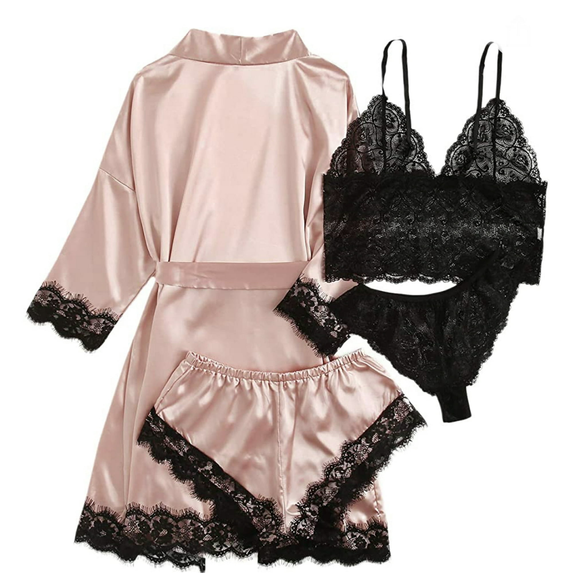 Set 4 piese, Pijama satin Dama, Roz/Negru