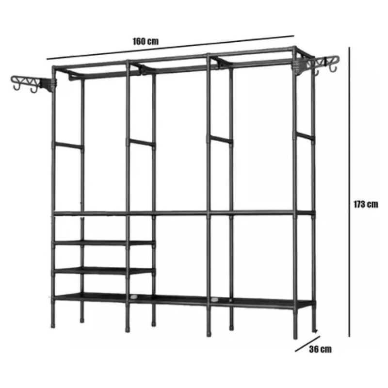 Umeras dublu cu rafturi, 173 x 36 x 160 cm, Negru