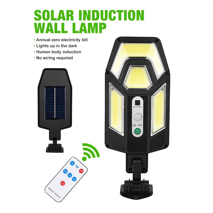 Lampa solara 63 LED COB, 50 W, Telecomanda, Senzor de miscare