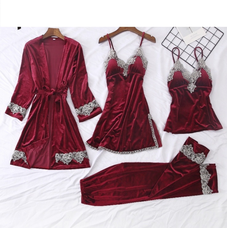 Set 4 piese, catifea, pijamale dama, Bordo