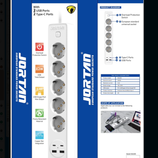 Set 2 x Prelungitor 3 prize, 2 USB, 2 USB-C, Jortan