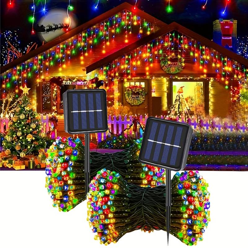 Set 3 x Instalatie solara 100 LED pentru exterior, Multicolor