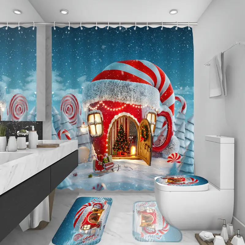 Set baie 4 piese: perdea, covorase si husa de toaleta, Christmas Home