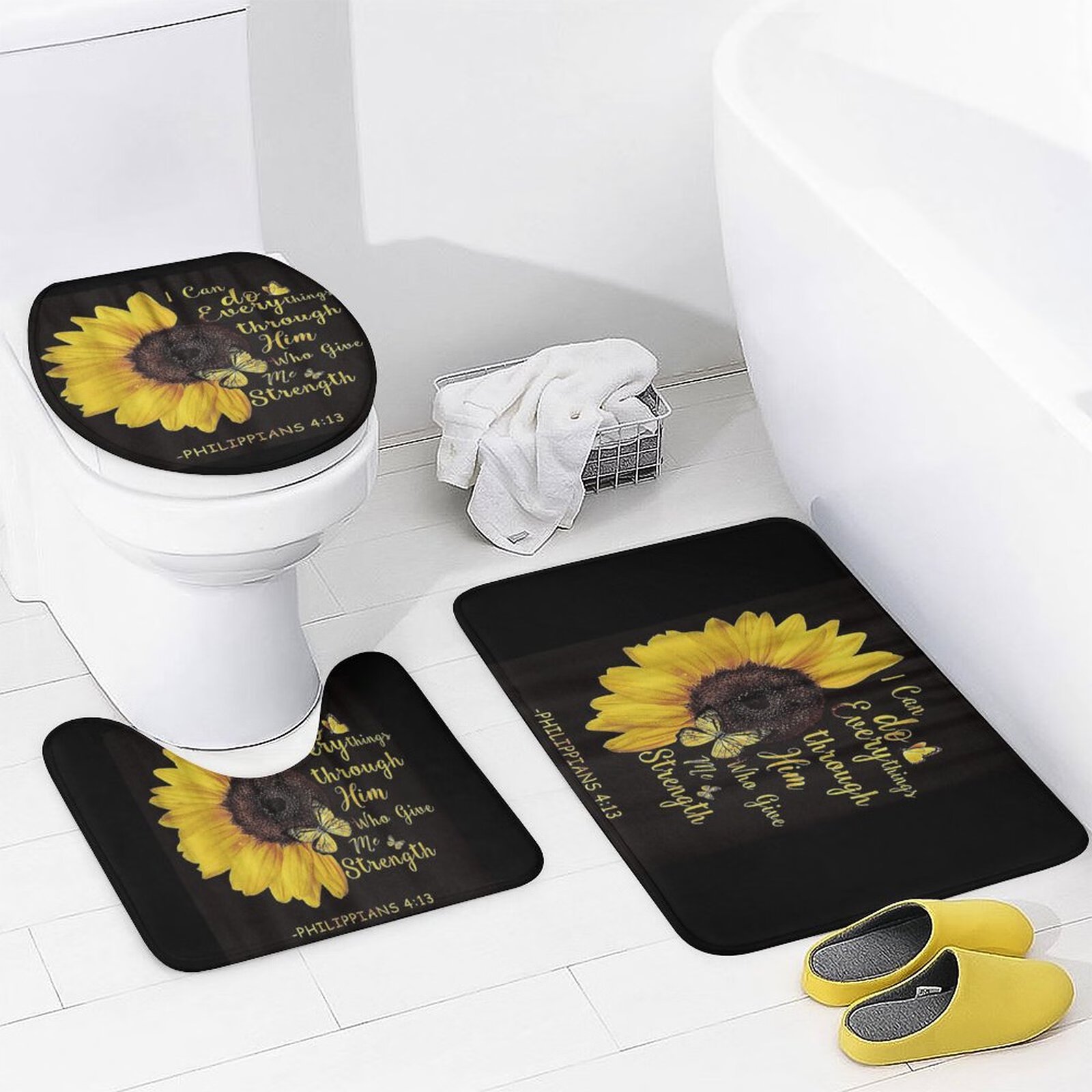 Set baie 4 piese: perdea, covorase si husa de toaleta, SunFlower