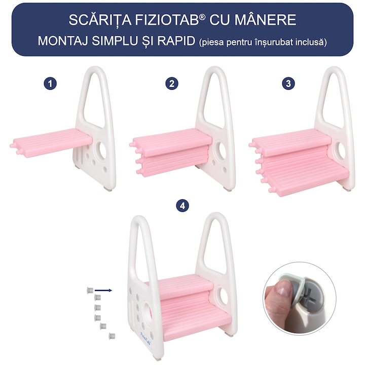 Inaltator cu manere pentru copii, suprafata antialunecare, Alb/Roz