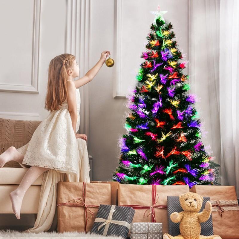 Brad artificial cu fibra optica multicolora, suport metalic, 180 cm