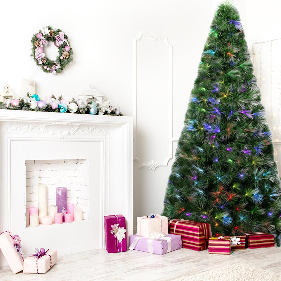 Brad artificial cu fibra optica multicolora, suport metalic, 180 cm