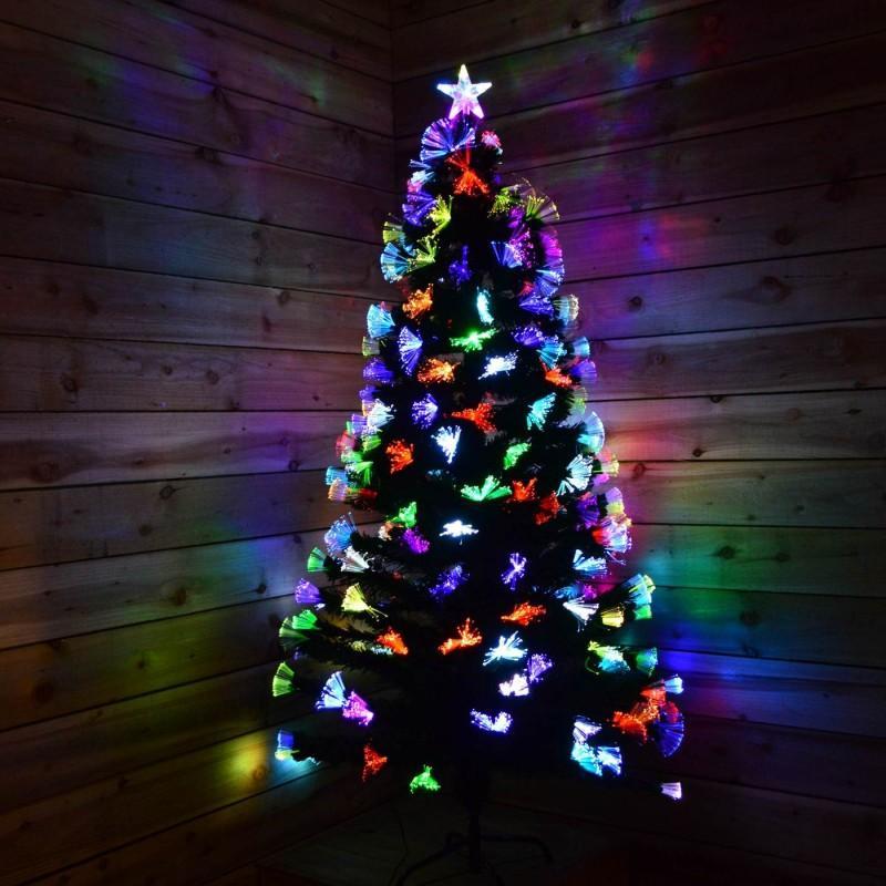 Brad artificial cu fibra optica multicolora, suport metalic, 180 cm