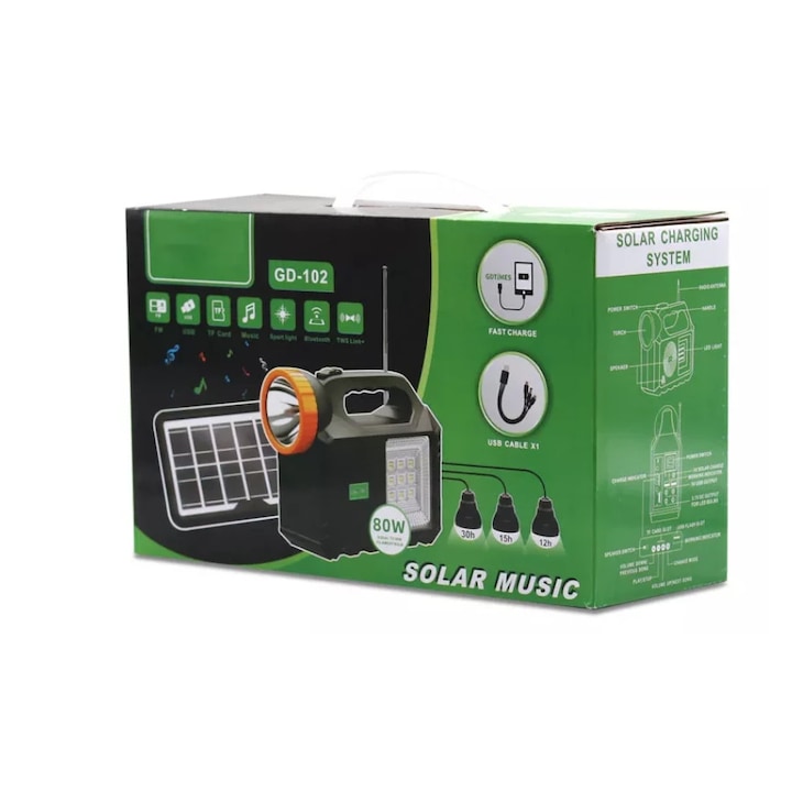 Kit solar iluminare cu 3 becuri, boxa Bluetooth, Radio, 80 W