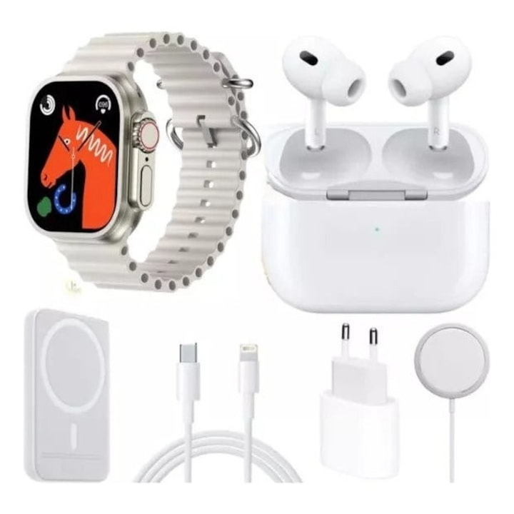 Set Smartwatch X8, Casti In-Ear Wireless, Incarcator, Cabluri, Baterie externa