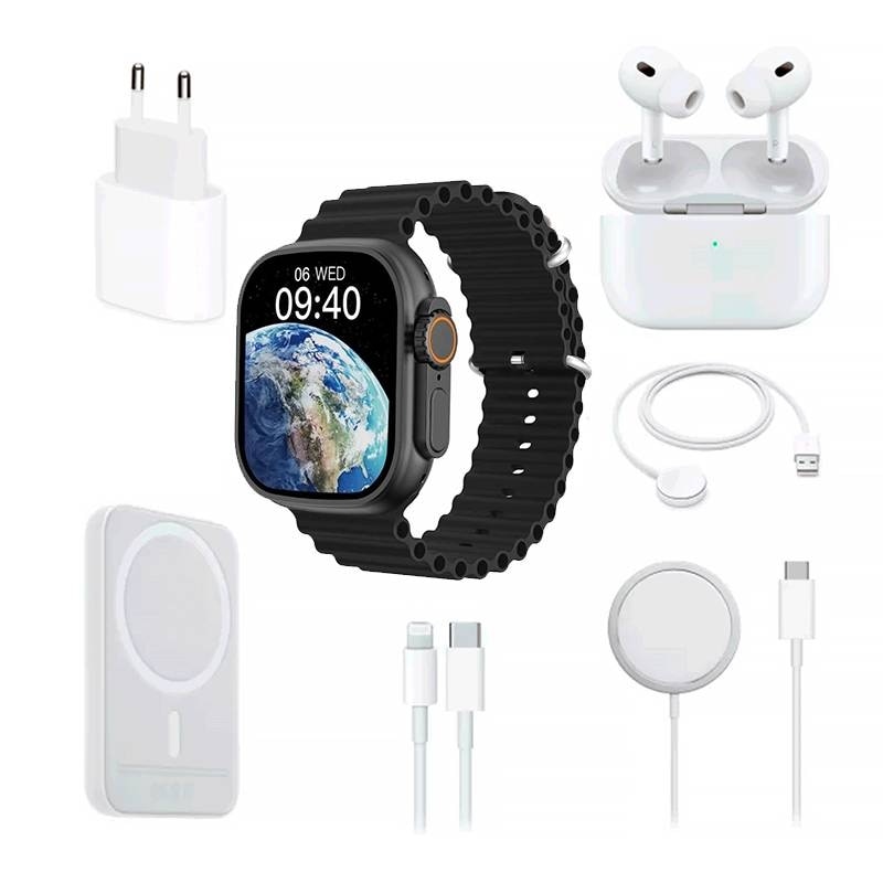 Set Smartwatch X8, Casti In-Ear Wireless, Incarcator, Cabluri, Baterie externa