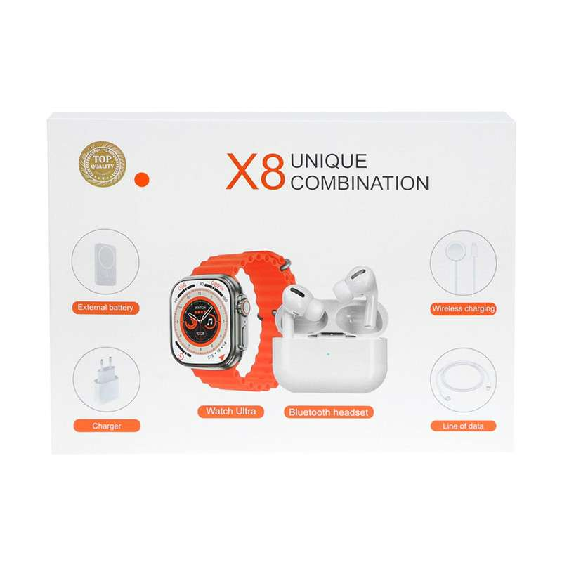 Set Smartwatch X8, Casti In-Ear Wireless, Incarcator, Cabluri, Baterie externa