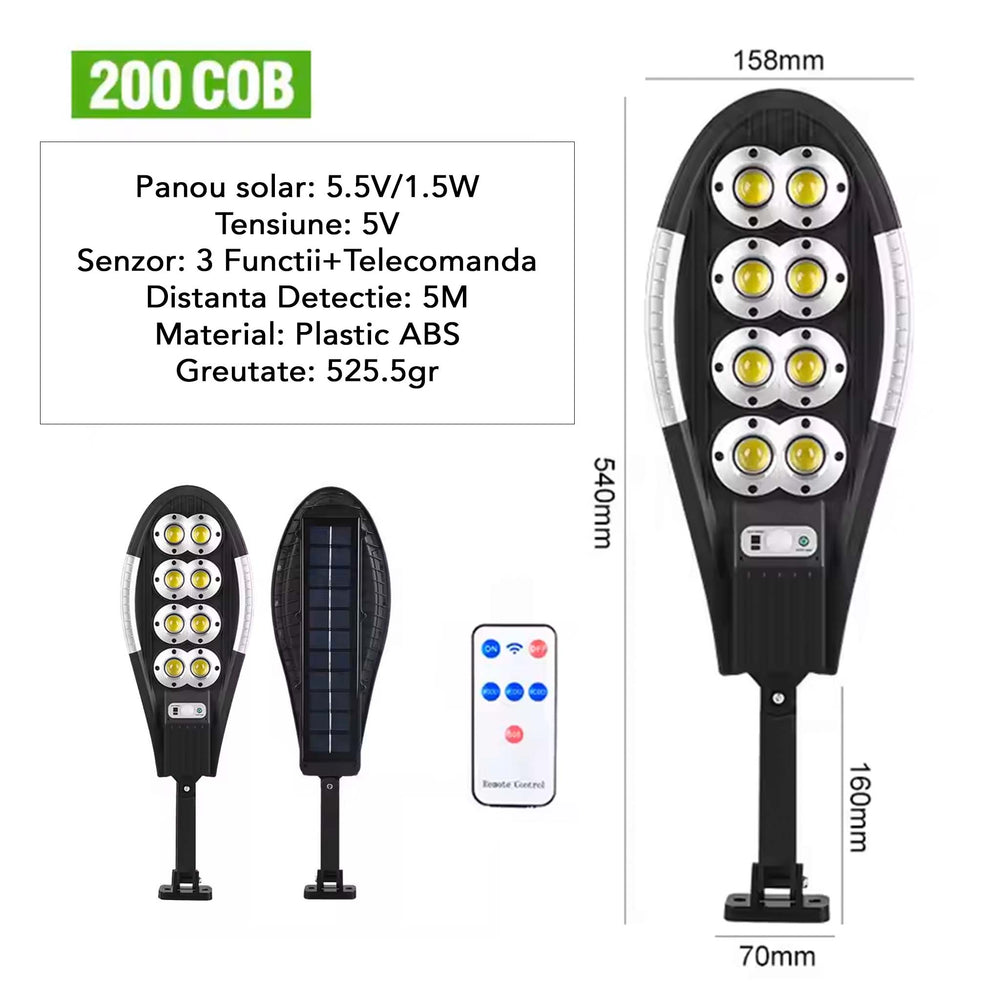 Lampa Solara Jortan 8 Celule 200 LED COB, Senzor de Miscare