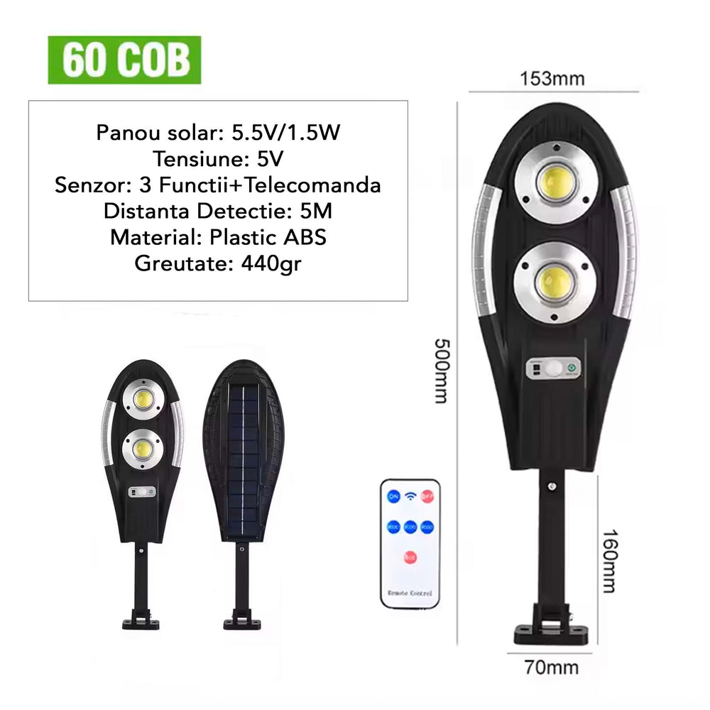 Set 3 x Lampa Solara Jortan 60 LED COB, 2 Celule, 120W, Senzor de Miscare