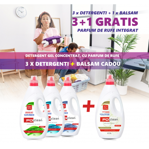 3+1 GRATIS: Detergent gel, 3 Litri + Balsam de rufe 3 Litri