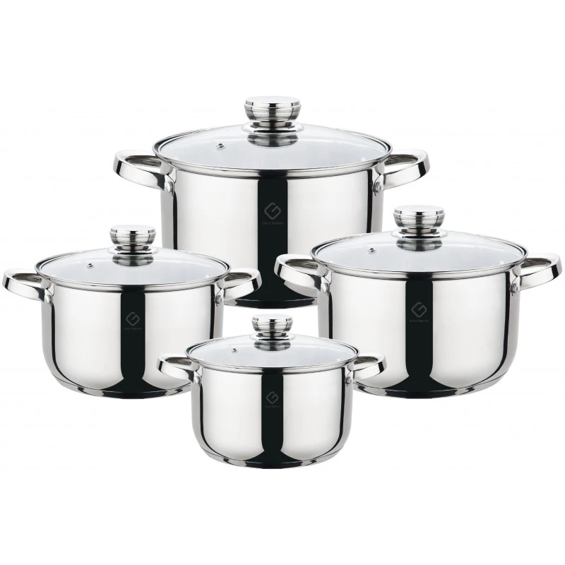 Set 8 piese: 4 oale cu capac, inox, compatibile cu plite pe gaz sau inductie