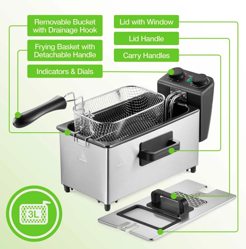 Friteuza electrica din inox, 3 litri, 2000 W, termostat, capac transparent