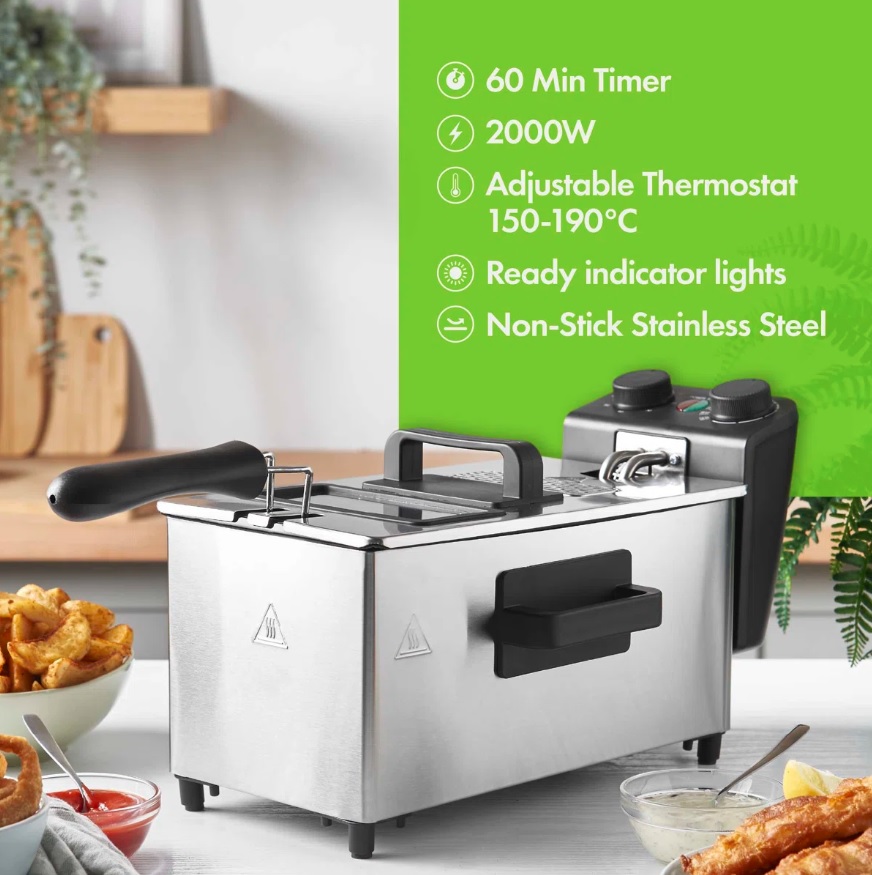 Friteuza electrica din inox, 3 litri, 2000 W, termostat, capac transparent