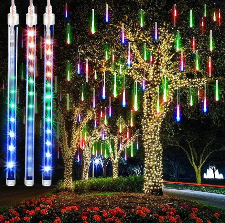 Instalatie 8 turturi meteori, 288 LED multicolor, tuburi 45 cm