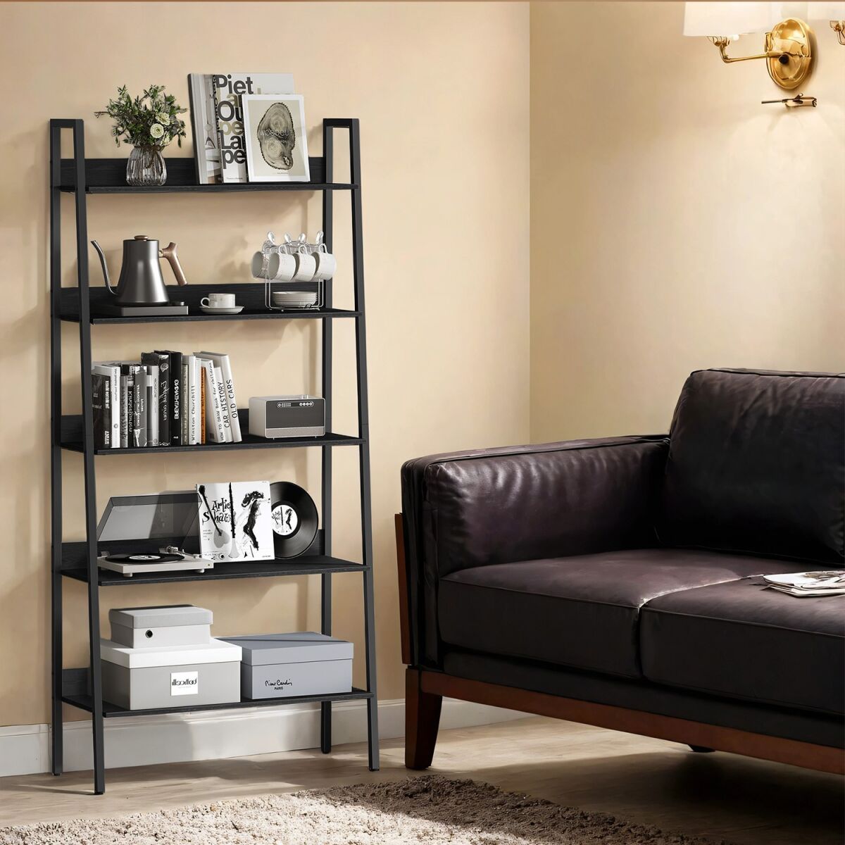 Raft metalic decorativ cu 5 polite, 113 cm, Negru