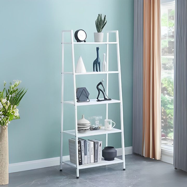 Raft metalic decorativ cu 5 polite, 113 cm, Alb