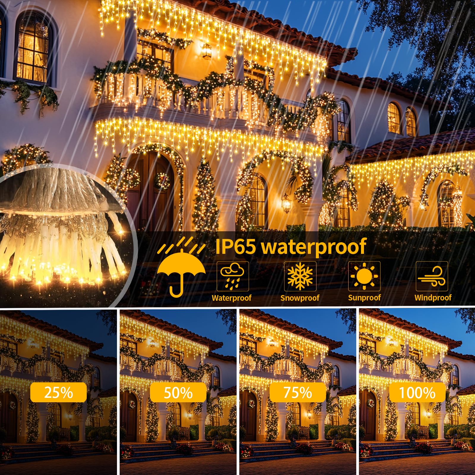 Instalatie solara franjuri 320 LED, Alb cald, 12 metri