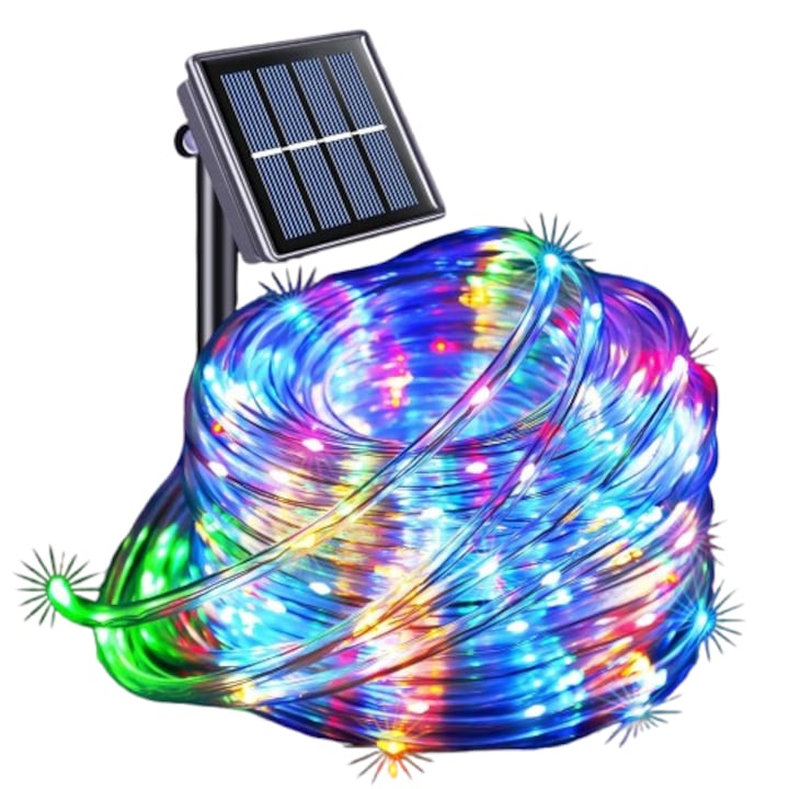 Furtun luminos LED cu incarcare solara, 10 Metri, Multicolor