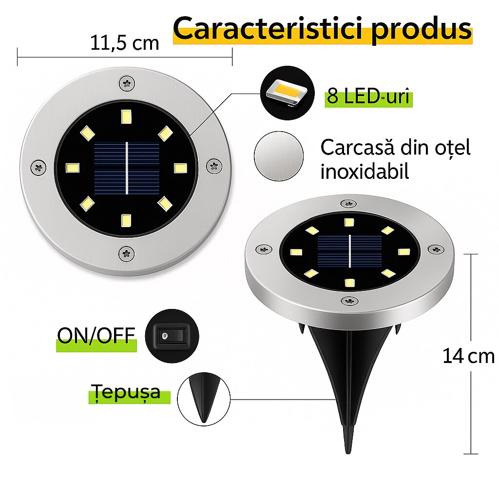 Set 4 lampi solare, 8 LED RGB, Senzor de Lumina, IP 65
