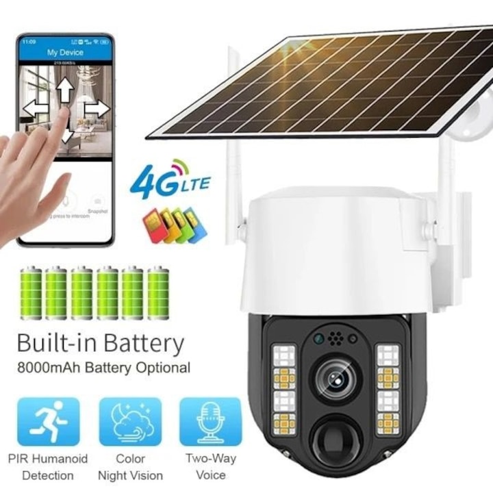 Camera Video Solara 355°, 4G SIM Slot, 1080P HD, Alarma