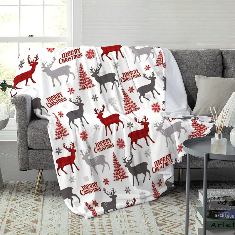 Patura cocolino Merry Christmas, 150x200 cm, model fulgi de zapada si reni