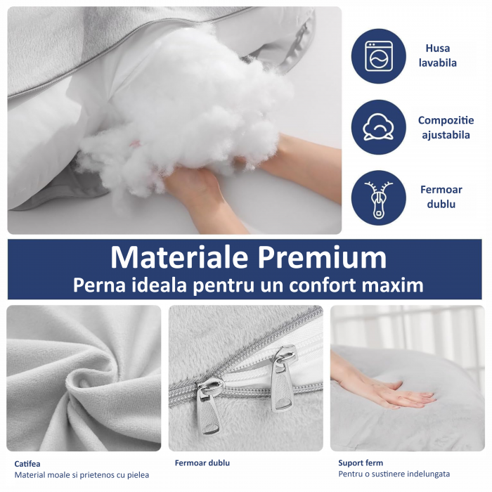 Perna gravide, husa detasabila, Forma Literei U, Velvet / Gri
