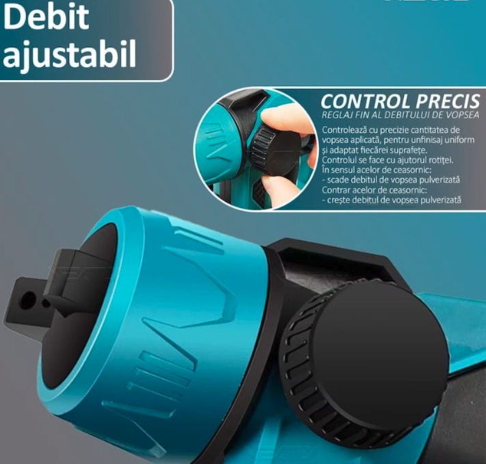 Pistol de vopsit cu 2 acumulatori, capacitate 800 ml, debit reglabil