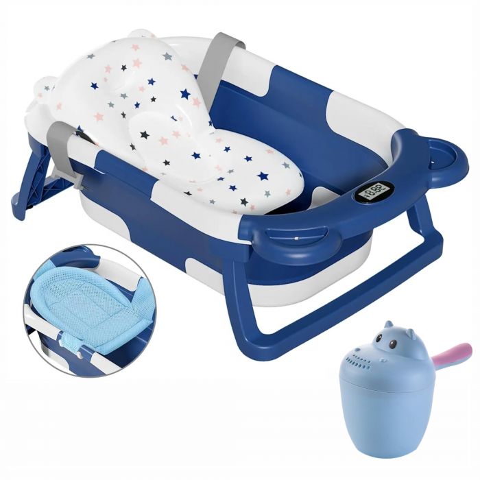 Cadita pliabila bebelusi, pernuta ergonomica si salteluta, Albastru inchis