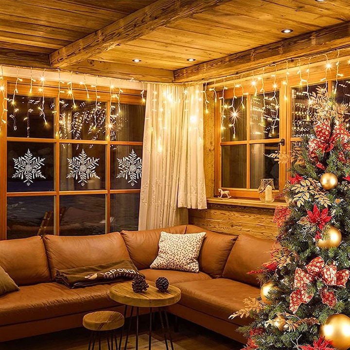 Instalatie franjuri, 500 LED, 20 metri, 8 jocuri de lumini, Alb cald