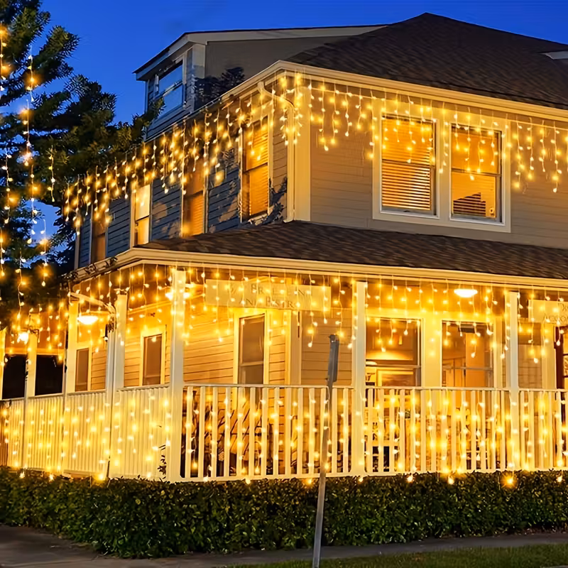 Instalatie franjuri, 500 LED, 20 metri, 8 jocuri de lumini, Alb cald